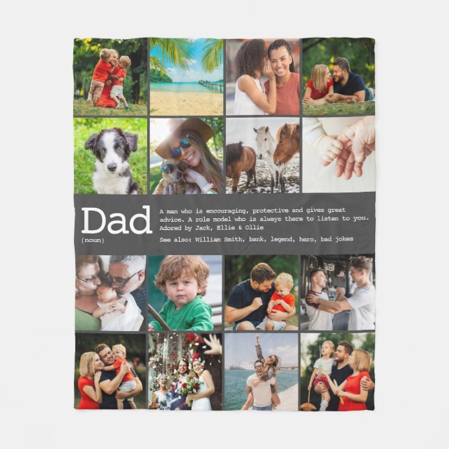 Custom Dad Definition Photo Collage Grey Fleece Blanket (Front)