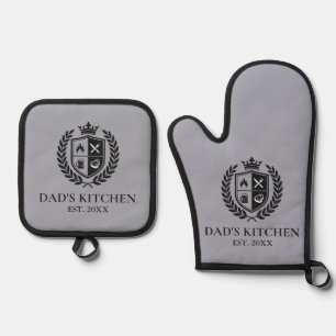 Custom Dad’s Kitchen Crest BBQ Grill Master Oven Mitt & Pot Holder Set