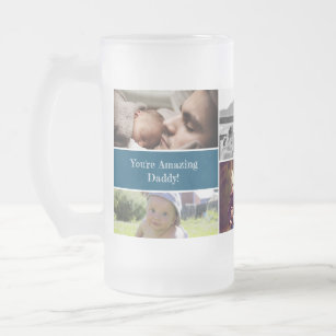 Custom daddy photo collage blue frosted glass beer mug