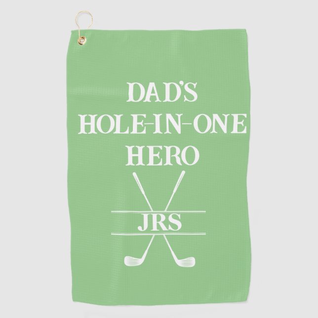 Custom Dad's Hole-in-One Hero Initials Green&white Golf Towel (Front)