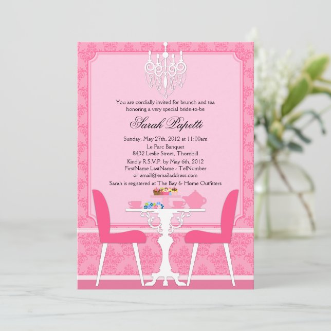 Custom Damask and Chandelier Bridal Tea Party Invitation (Standing Front)