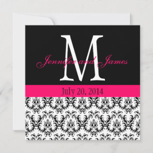 Custom Damask Monogram Wedding Invitation Hot Pink
