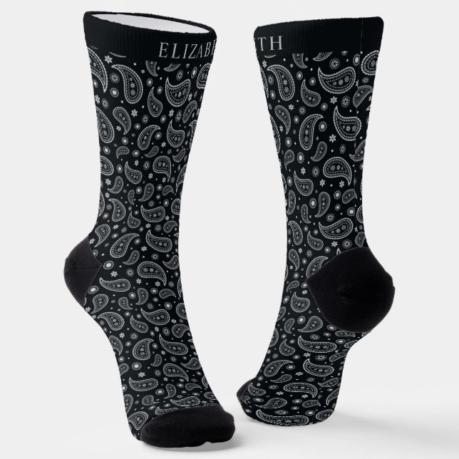Custom Dark Black and White Paisley Pattern  Socks (Angled)