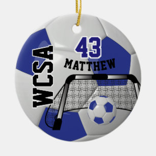 Custom Dark Blue and White Personalise Soccer Ball Ceramic Ornament