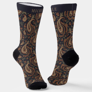 Custom Dark Blue Beige Paisley Pattern Socks