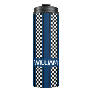 Custom Dark Blue Black Race Sport Stripe Thermal Tumbler