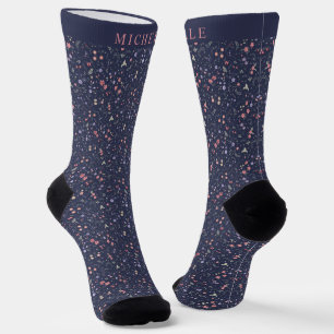 Custom Dark Blue Floral Light Pink Flower Pattern  Socks