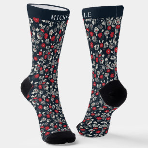 Custom Dark Blue Floral Red Grey White Flower Socks