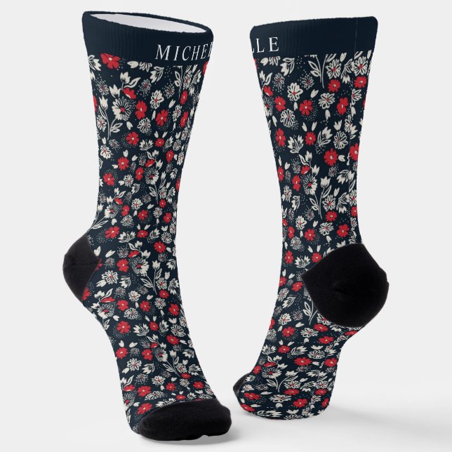 Custom Dark Blue Floral Red Grey White Flower  Socks (Angled)