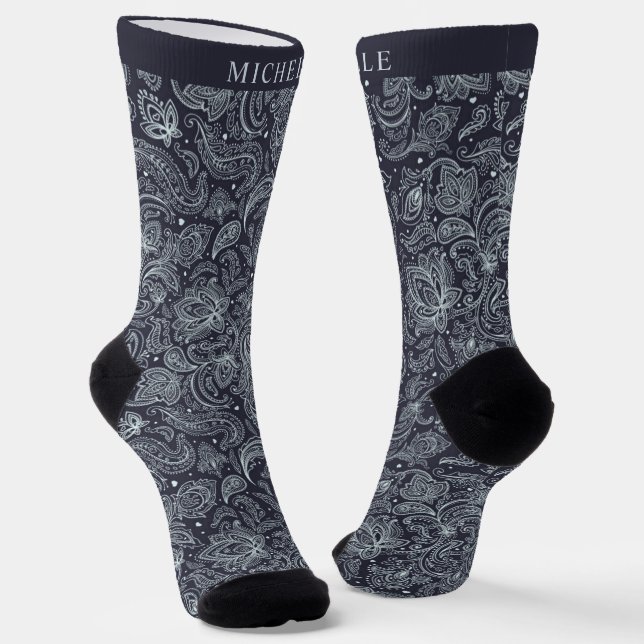 Custom Dark Blue Grey Purple Paisley Pattern  Socks (Angled)