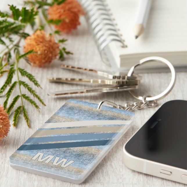 Custom Dark Blue Grey Taupe Brown Retro Stripes Key Ring (Front Right)