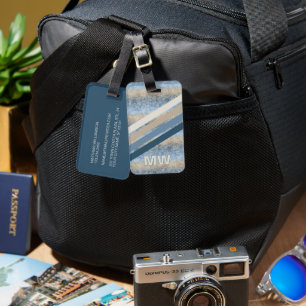 Custom Dark Blue Grey Taupe Brown Stripes Pattern Luggage Tag