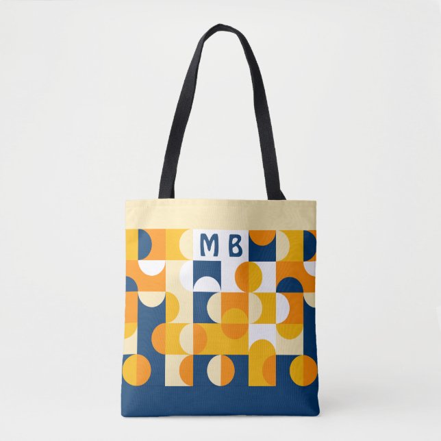Custom Dark Blue Sunny Yellow Retro Art Pattern Tote Bag (Front)