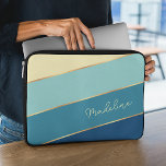 Custom Dark Blue Teal Pastel Yellow Striped Art Laptop Sleeve<br><div class="desc">Keep your new electronic device safe from scuffs and scratches with this stylish protective contemporary girly classic blue, teal turquoise, mint green and pastel yellow coloured striped water resistant neoprene laptop sleeve with zipper. With room to customise with name, monogram or initials of your choice. Beautiful, modern and cool cover...</div>