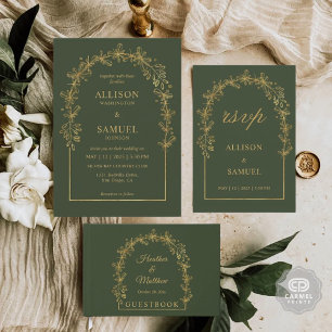 Custom Dark Bottle Green Gold Flowers Floral Invitation