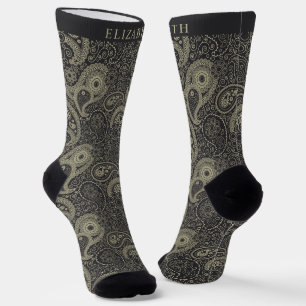 Custom Dark Brown Grey Sage Green Paisley Pattern  Socks