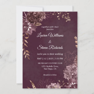 Custom Dark Deep Purple  Chocolate Flower Wedding  Invitation
