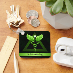 Custom Dark Green Caduceus Alternative Medicine Key Ring