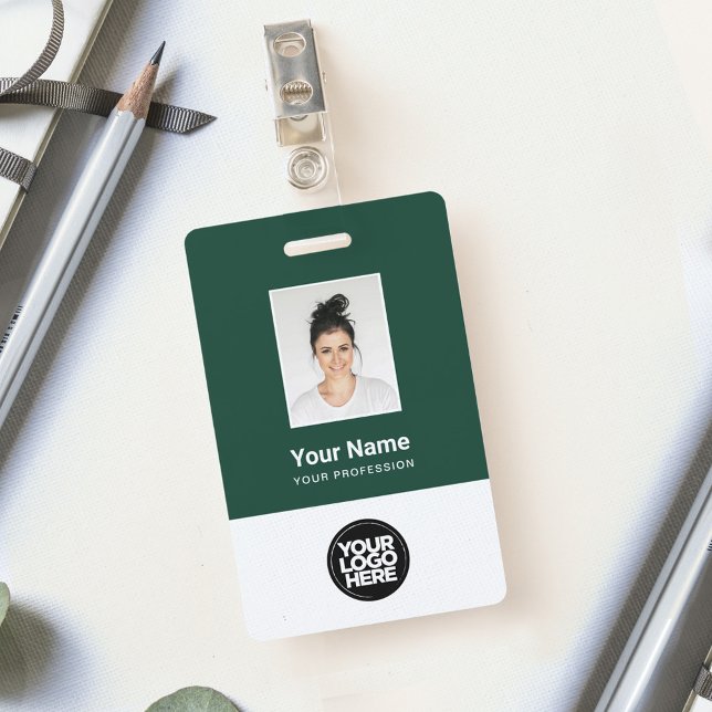 Custom Dark Green Employee Photo, Bar Code, Logo ID Badge (Creator Uploaded)