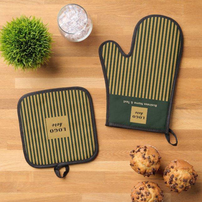 Custom Dark Green & Gold Stripe Oven Mitt & Pot Holder Set (Top Down)