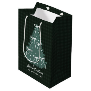 Custom Dark Green Plaid Christmas Tree with bows Medium Gift Bag