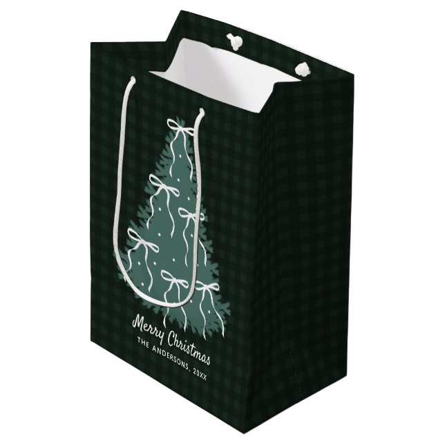 Custom Dark Green Plaid Christmas Tree with bows Medium Gift Bag (Front Angled)
