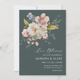 Custom Dark Green White Pink Forever Love Wedding Invitation