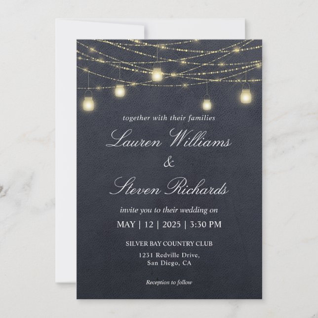 Custom Dark Grey Black Sparkling Mason Jar Lights Invitation (Front)