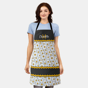 Custom Dark Grey Black White Yellow Daisy Pattern Apron