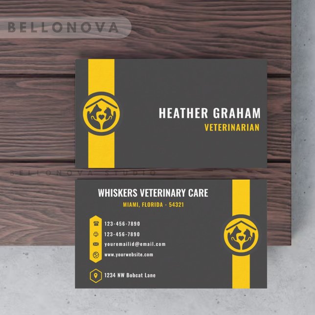 Custom Dark Grey Black Yellow Pet Care Services Business Card (Custom Dark Grey Black Yellow Pet Care Services Business Card)