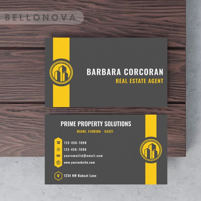 Custom Dark Grey Black Yellow Real Estate  Business Card (Custom Dark Grey Black Yellow Real Estate Business Card)
