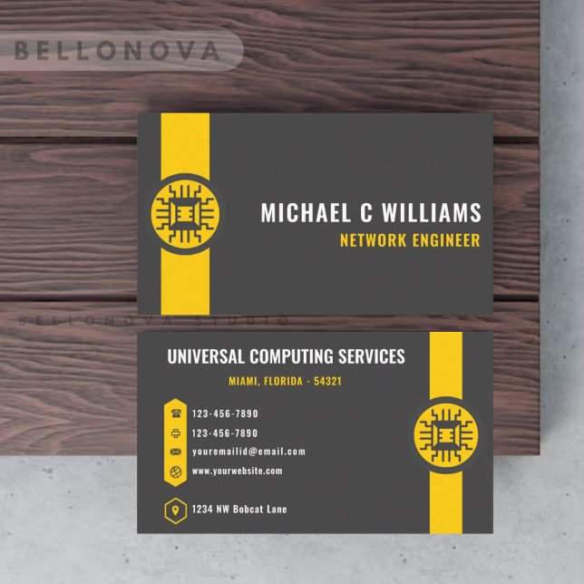 Custom Dark Grey Black Yellow Technology Business Card (Custom Dark Grey Black Yellow Technology Business Card)