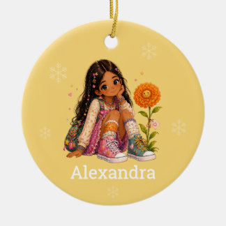 Custom Dark Hair Girl Name Ceramic Ornament