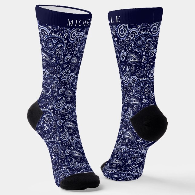 Custom Dark Light Navy Blue Paisley Pattern Socks (Angled)