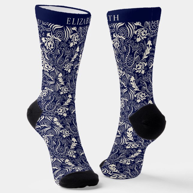 Custom Dark Navy Blue Cream Paisley Pattern Socks (Angled)