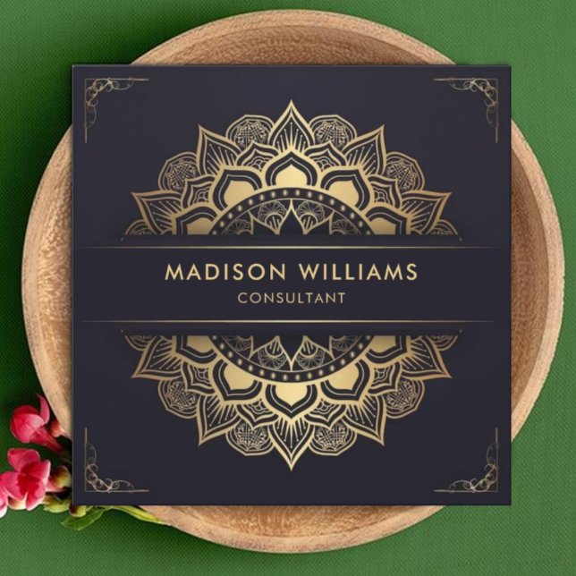 Custom Dark Navy Blue Gold Mandala Professional Square Business Card (Custom Dark Navy Blue Gold Mandala Professional Square Business Card)