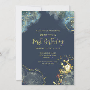 Custom Dark Navy Blue Gold Premium Monogram Invitation