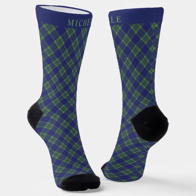 Custom Dark Navy Blue Green Chequered Pattern Socks (Angled)