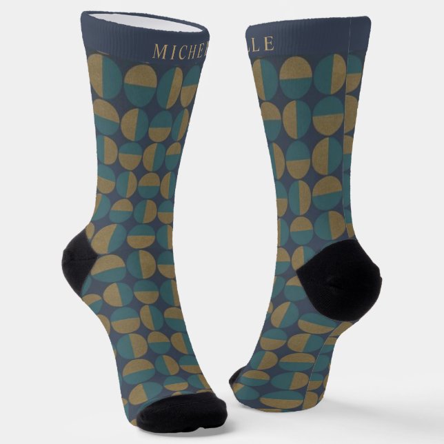 Custom Dark Navy Blue Green Geometric Pattern Socks (Angled)