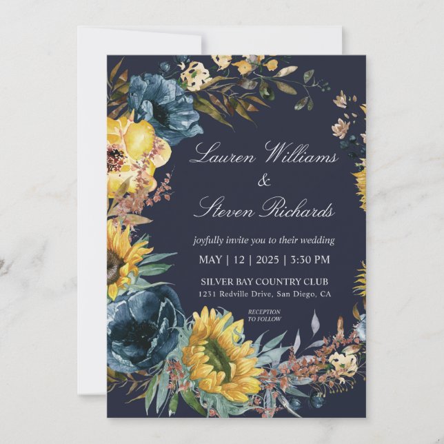 Custom Dark Navy Blue Sunflowers & Wreath wedding Invitation (Front)