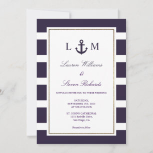 Custom Dark Navy Blue White Anchor Marine Wedding Invitation