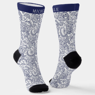 Custom Dark Navy Blue White Paisley Pattern Socks 