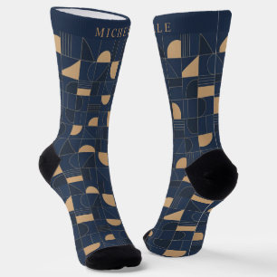 Custom Dark Navy Blue Yellow Geometric Pattern Socks