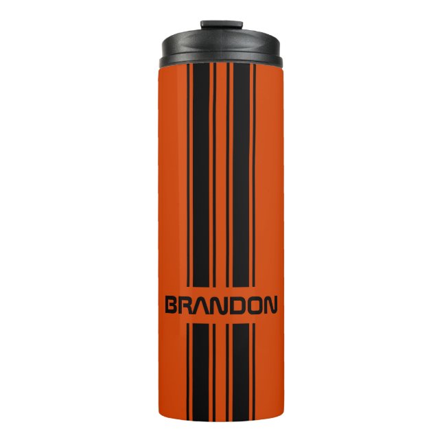 Custom Dark Orange Black Auto Race Sport Stripe Thermal Tumbler (Front)