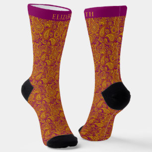 Custom dark Purple Yellow Orange Paisley Pattern Socks