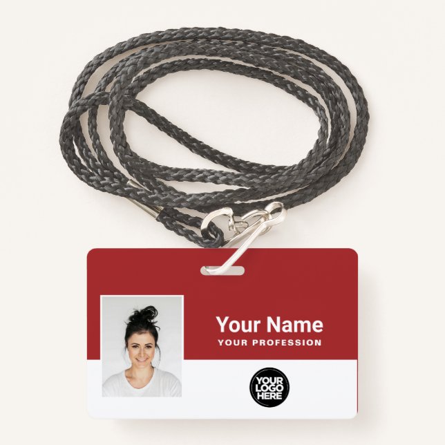 Custom dark red Employee Logo Name Photo Lanyard ID Badge (Front with Lanyard)