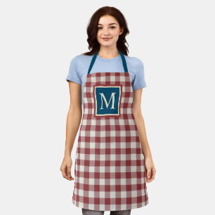 Custom Dark Red Teal Blue Ivory Gingham Pattern Apron
