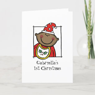 Custom Dark Skin Tone Baby's First Christmas Holiday Card