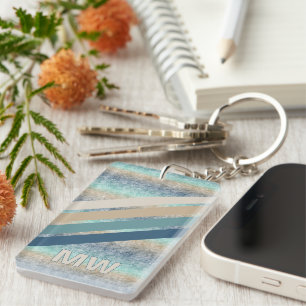 Custom Dark Teal Blue Brown Retro Stripes Key Ring