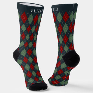 Custom Dark Teal Green Red Argyle Pattern Socks